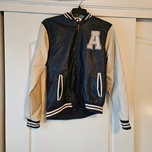 Aeropostale Bomber Varsity Letter Jacket Navy Faux‎ Leather Mens Medium Hoodie